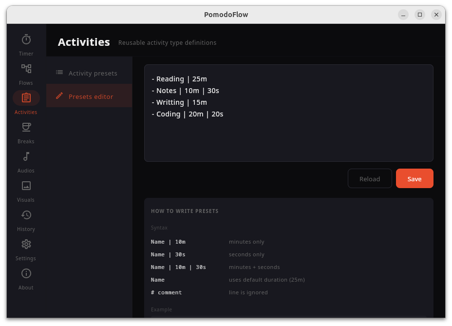 PomodoFlow preset editor showing activity template settings
