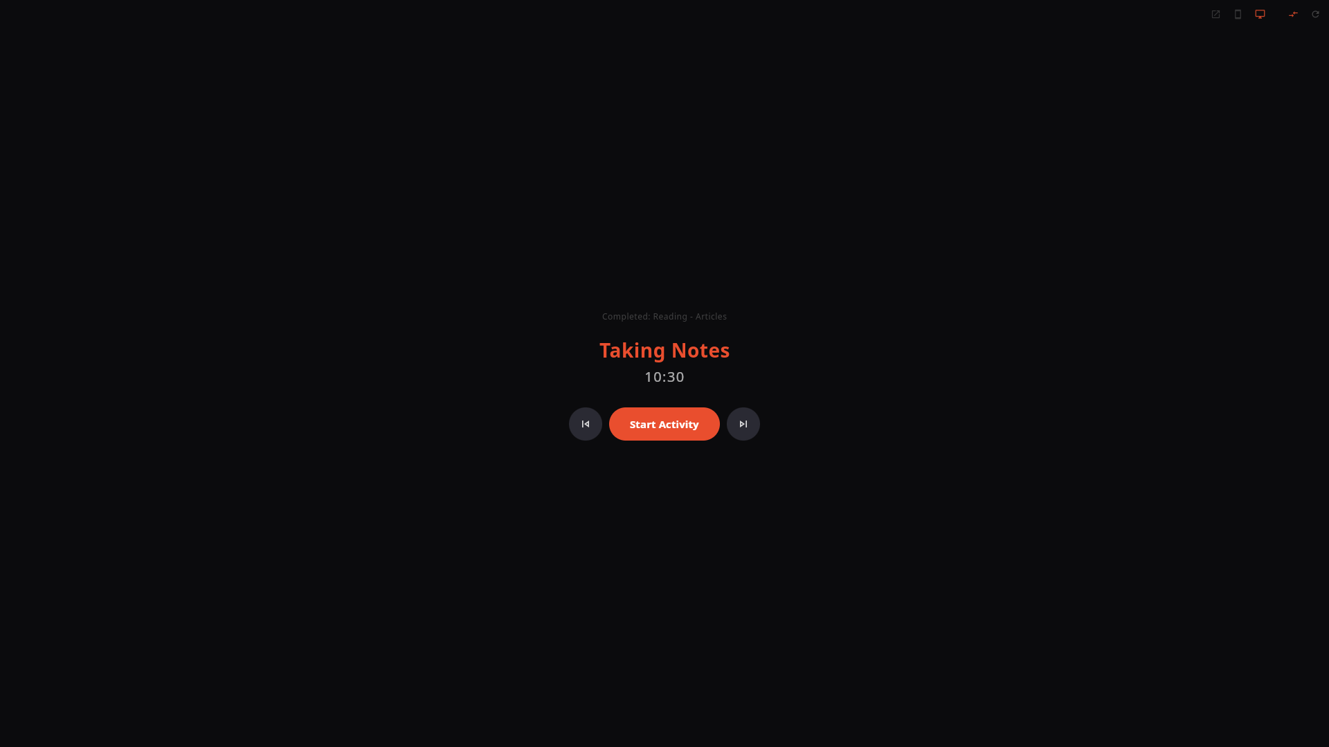 PomodoFlow transition screen introducing the next activity block before the timer resumes